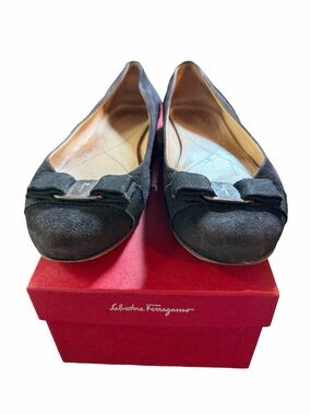 Salvatore Ferragamo Black Suede Varina Bow Flats w/ Box 9.5B